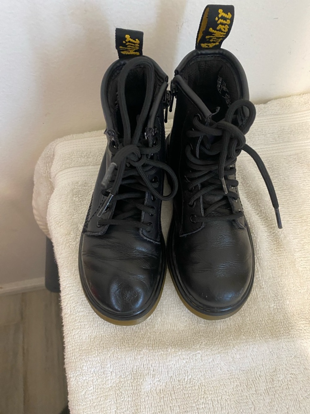 Dr. Martens Black Leather Lace-Up Ankle Boots with Yellow Heel Loop